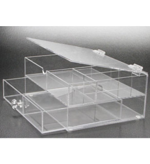 Transparant ladekastje met 1 lade en 4 vakken met klapdeksel