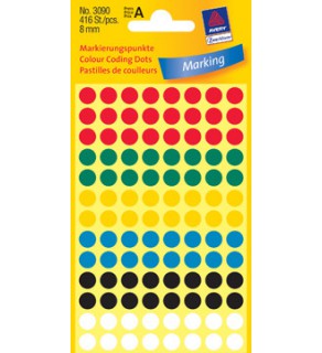 Zelfklevende etiketten, rond Ø 8 mm, div. kleuren, 416 st.