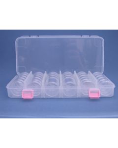 Plastic vakkendoos met 3x5 en 2x4 doosjes Ø 49 mm.